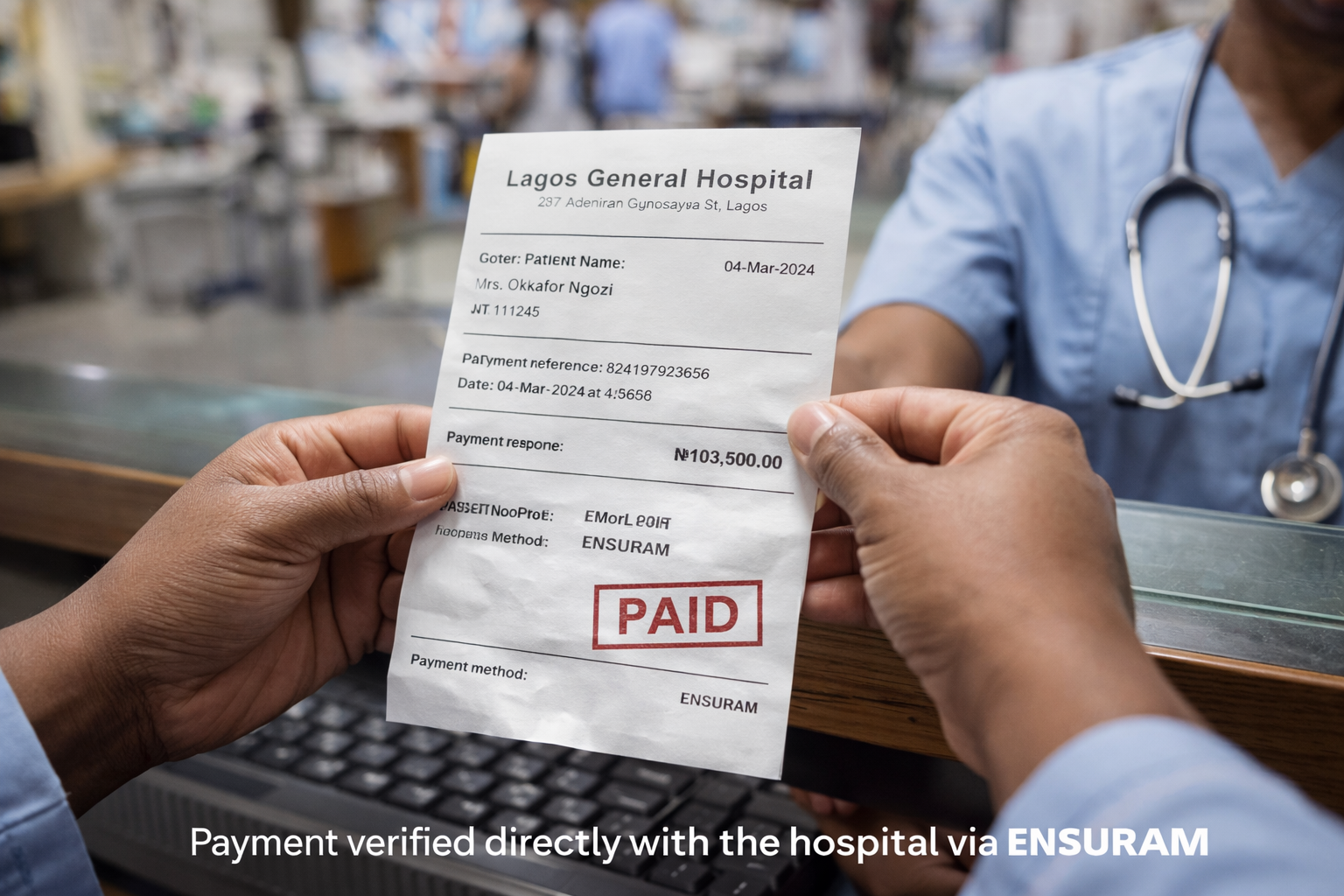 Hospital payment receipt confirmation showing instant verification - Ensuram healthcare payments